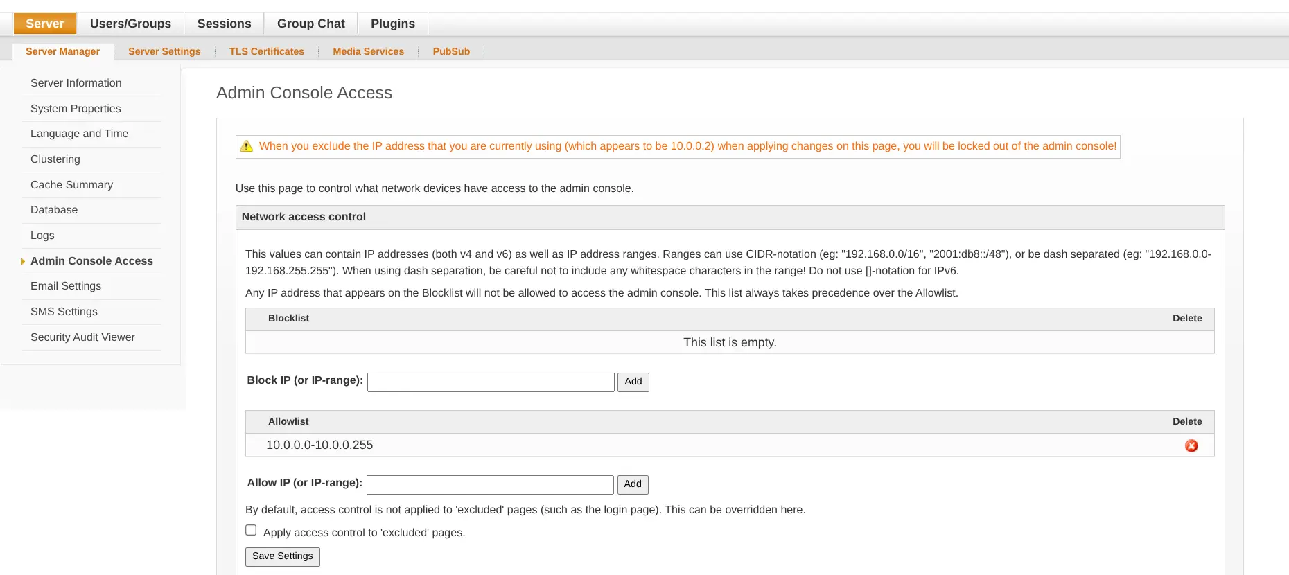 Openfire configuration page for admin console access, ip addresses whitelisted are 10.0.0.0 to 10.0.0.255