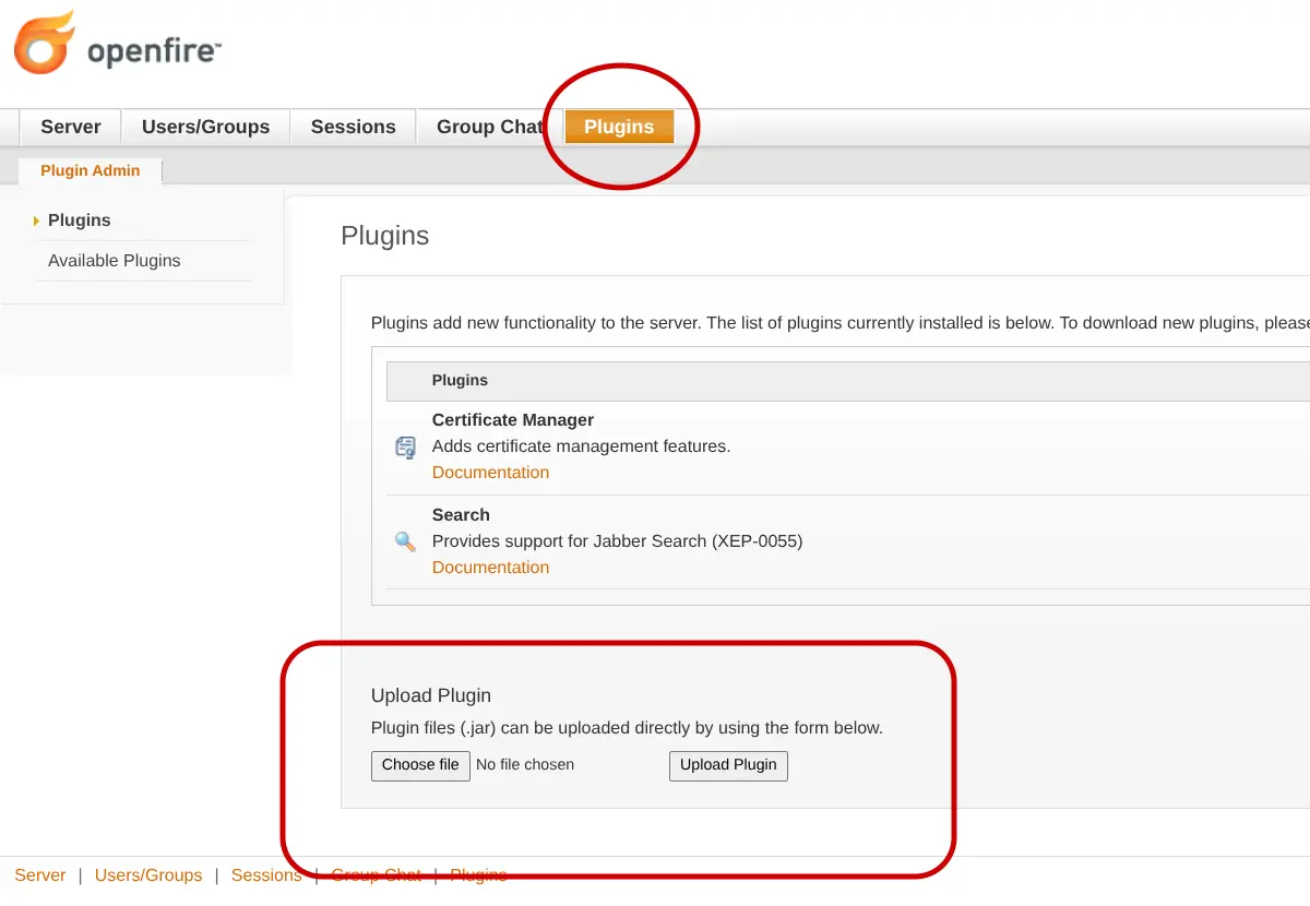 Openfire admin console’s plugins page. Page name and ‘Upload Plugin’ sections are circled